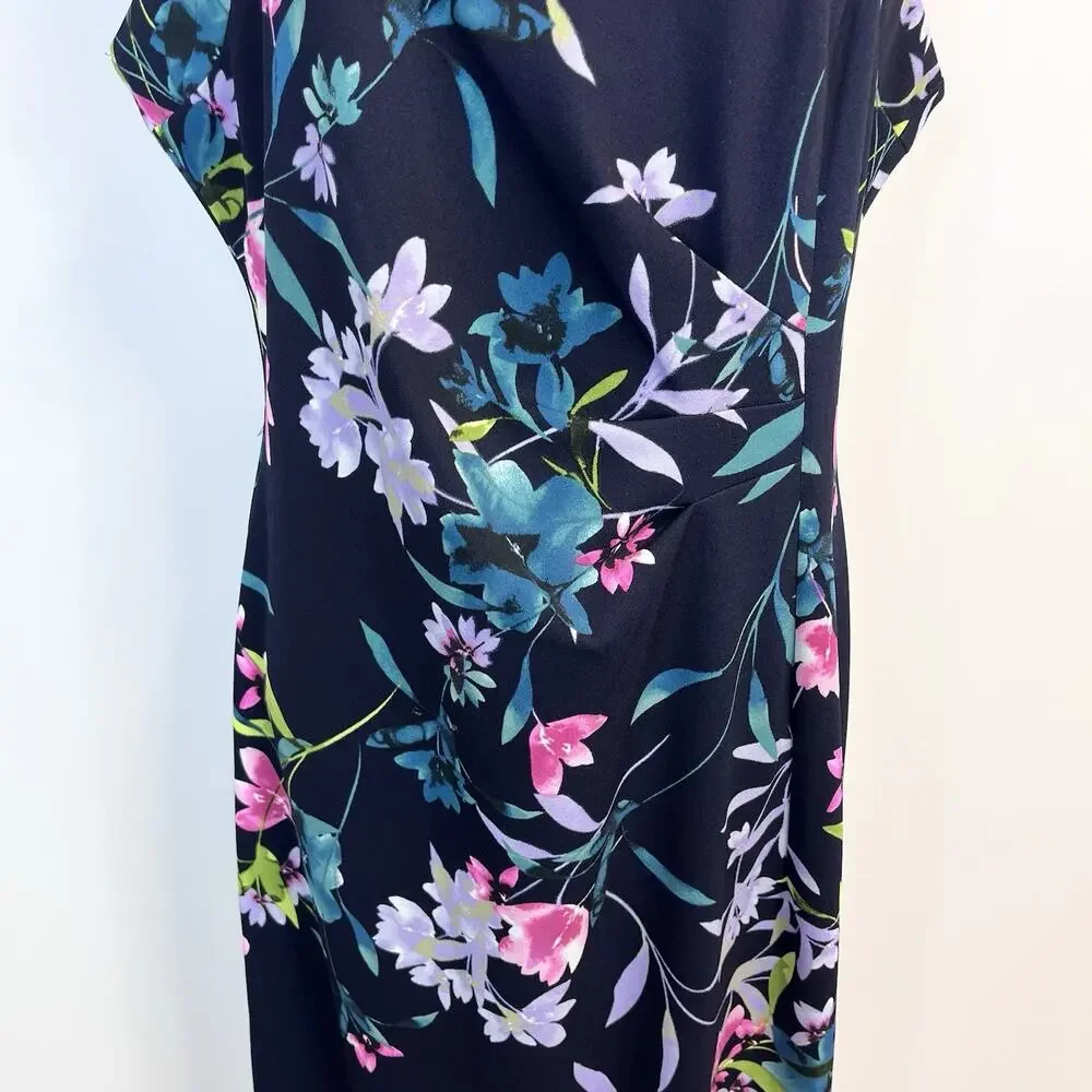 Connect Apparel Dress size 14 Navy Blue Pink Floral Stretch Knee Wedding Church - Picture 5 of 10